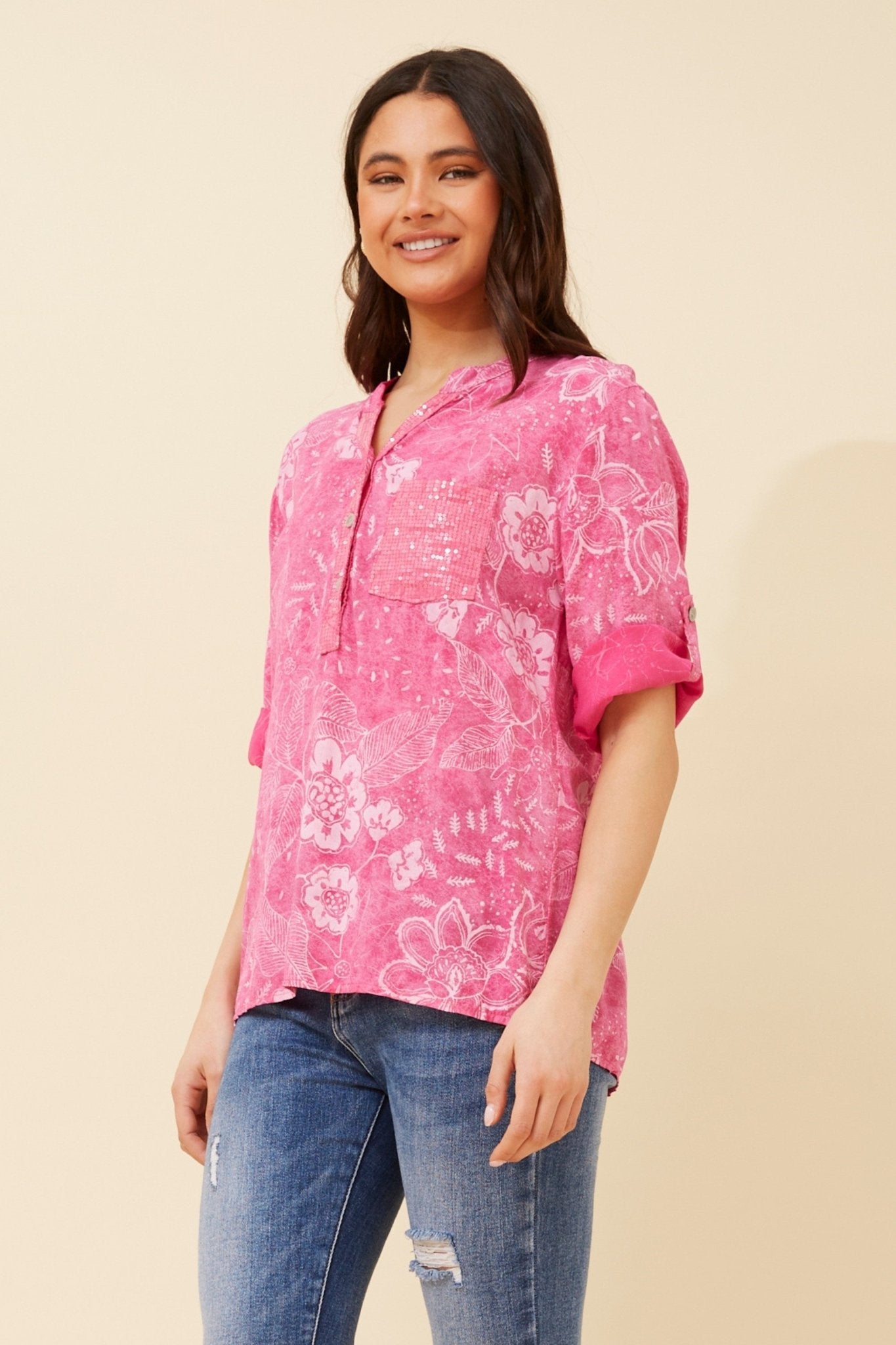 Rosetta Floral Sequin Shirt (Fuchsia) - Something For Me​​