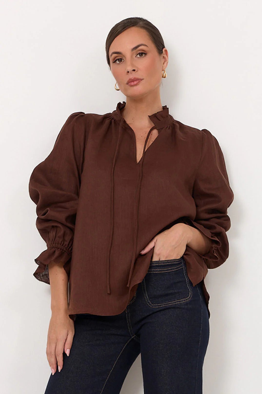 Sandra Long Sleeve Linen Top (Chocolate) - Something For Me​​