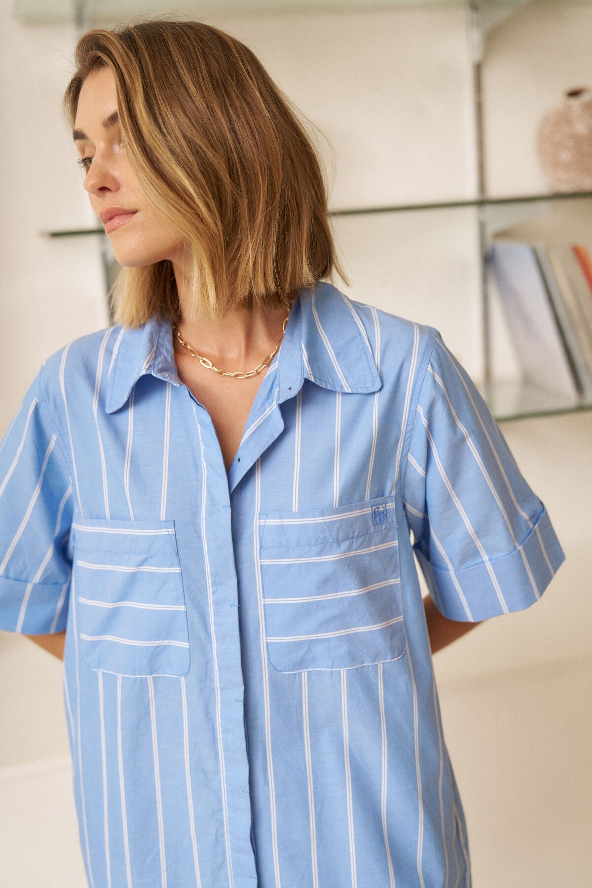 Sara Mini Shirt Dress (Oxford Blue White Stripe) - Something For Me​​