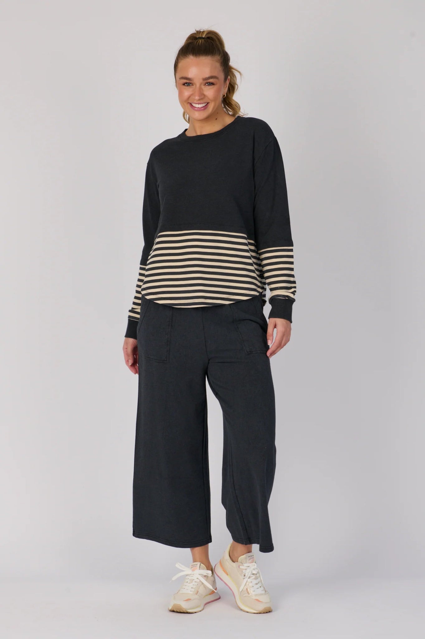 Scoop Hem Long Sleeve Top (Black Stripe) - Something For Me​​