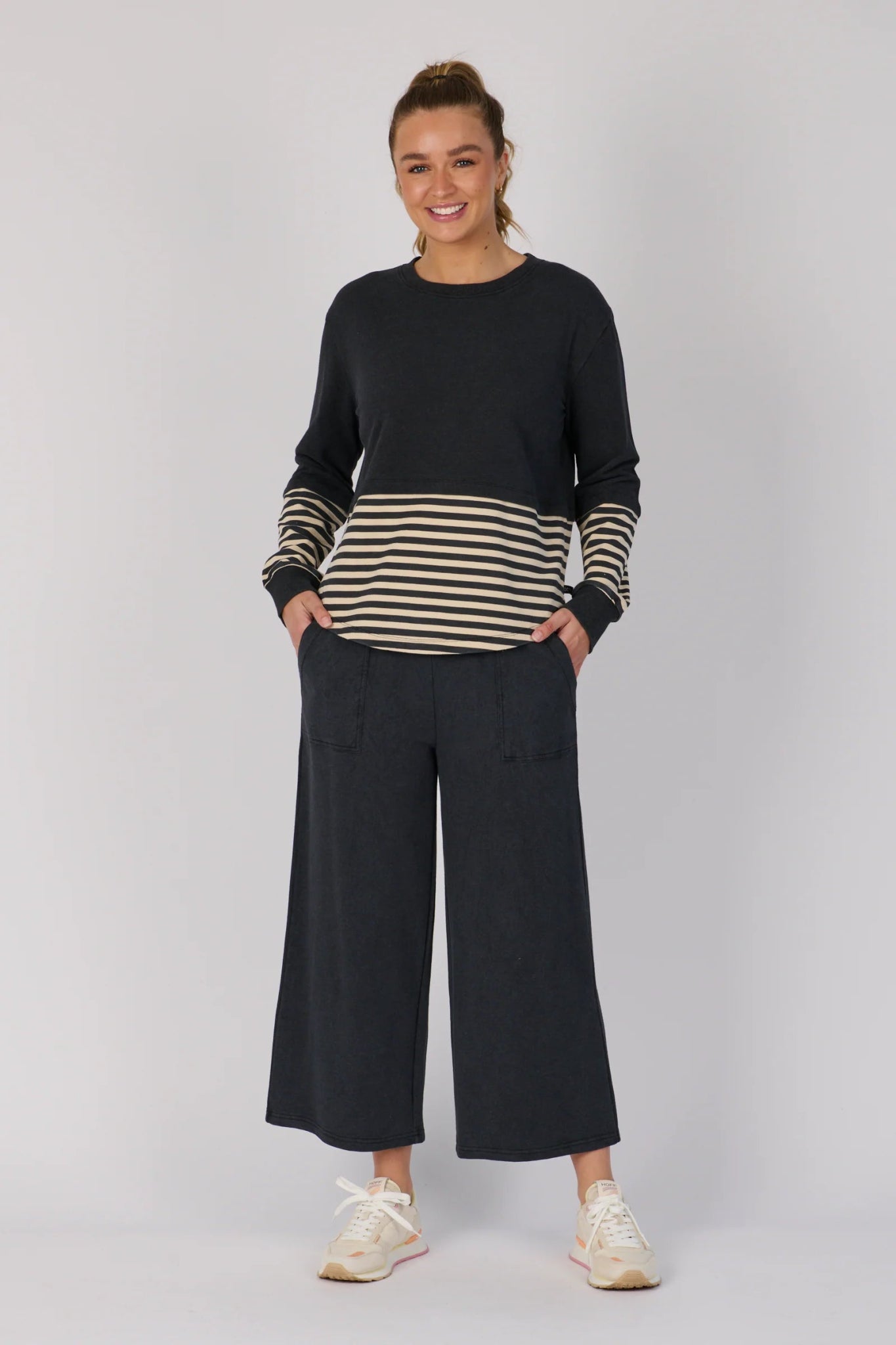 Scoop Hem Long Sleeve Top (Black Stripe) - Something For Me​​