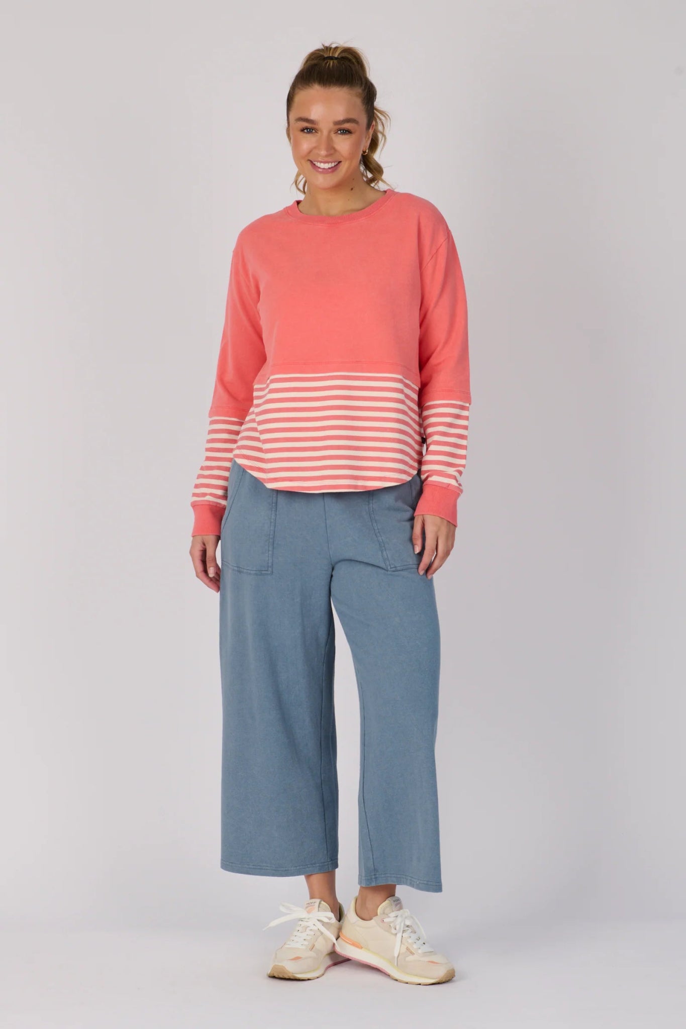 Scoop Hem Long Sleeve Top (Coral Stripe) - Something For Me​​