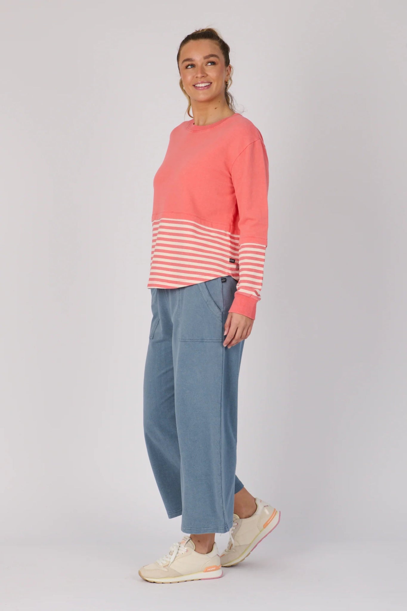 Scoop Hem Long Sleeve Top (Coral Stripe) - Something For Me​​