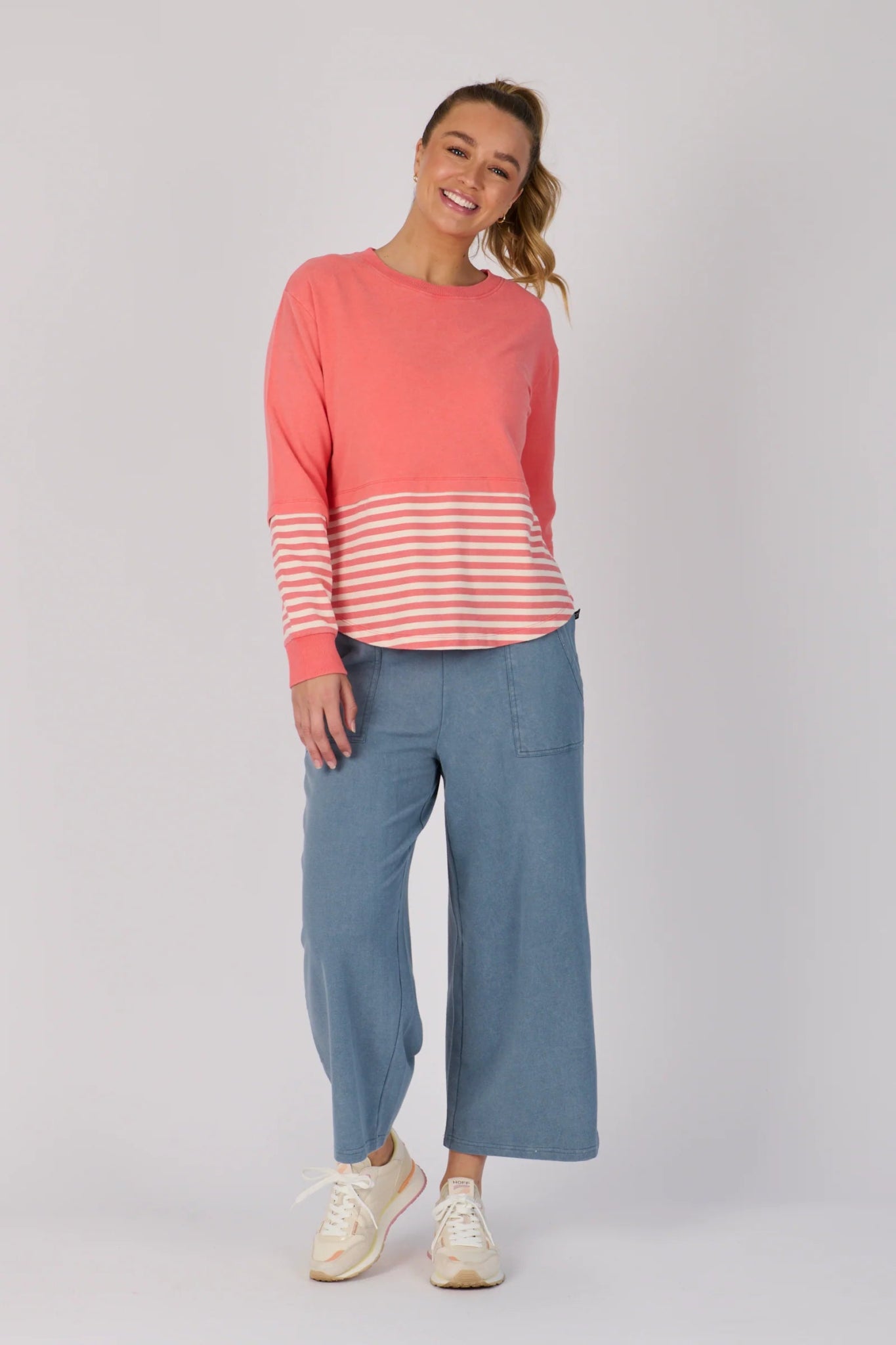 Scoop Hem Long Sleeve Top (Coral Stripe) - Something For Me​​
