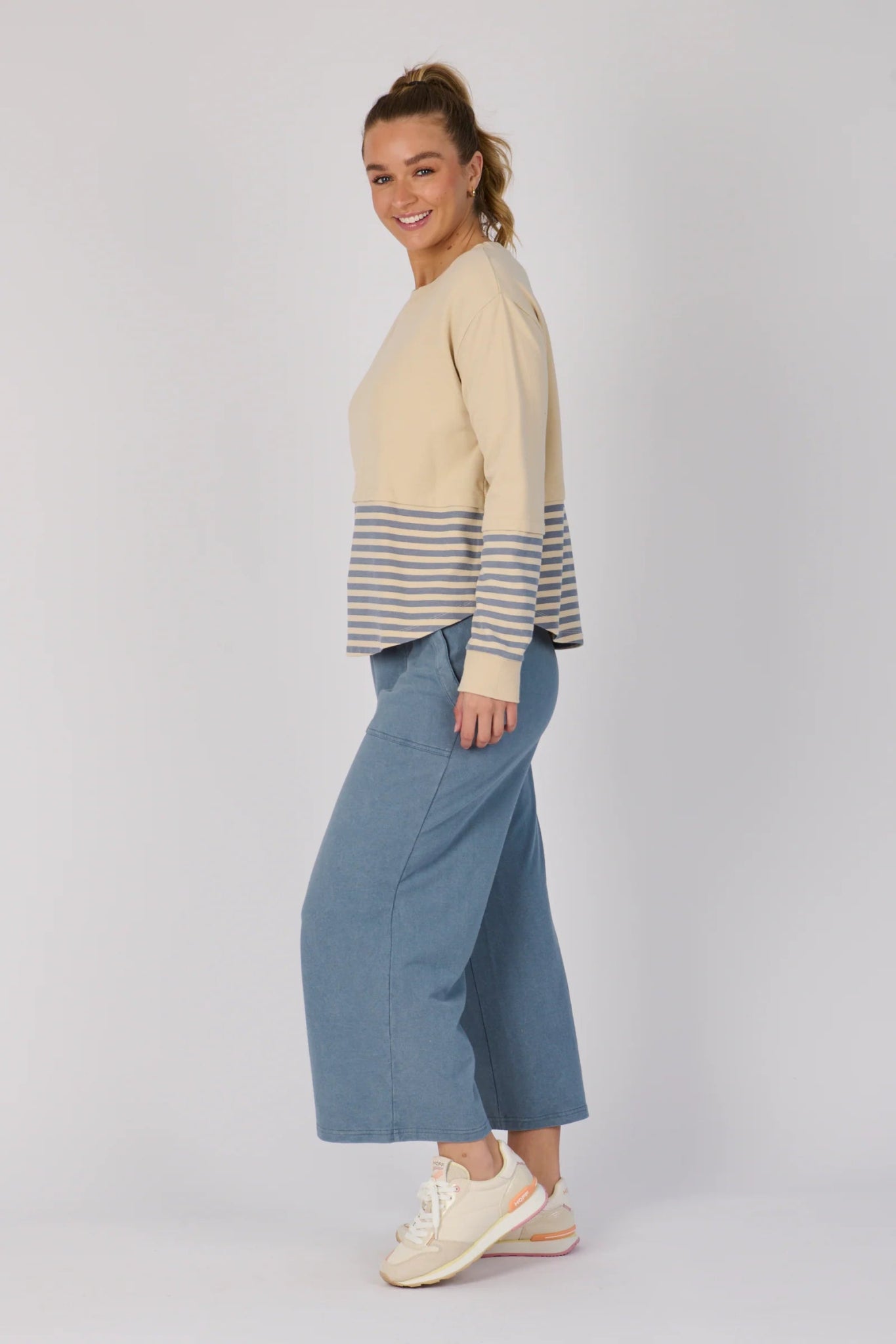 Scoop Hem Long Sleeve Top (Stone Blue Stripe) - Something For Me​​