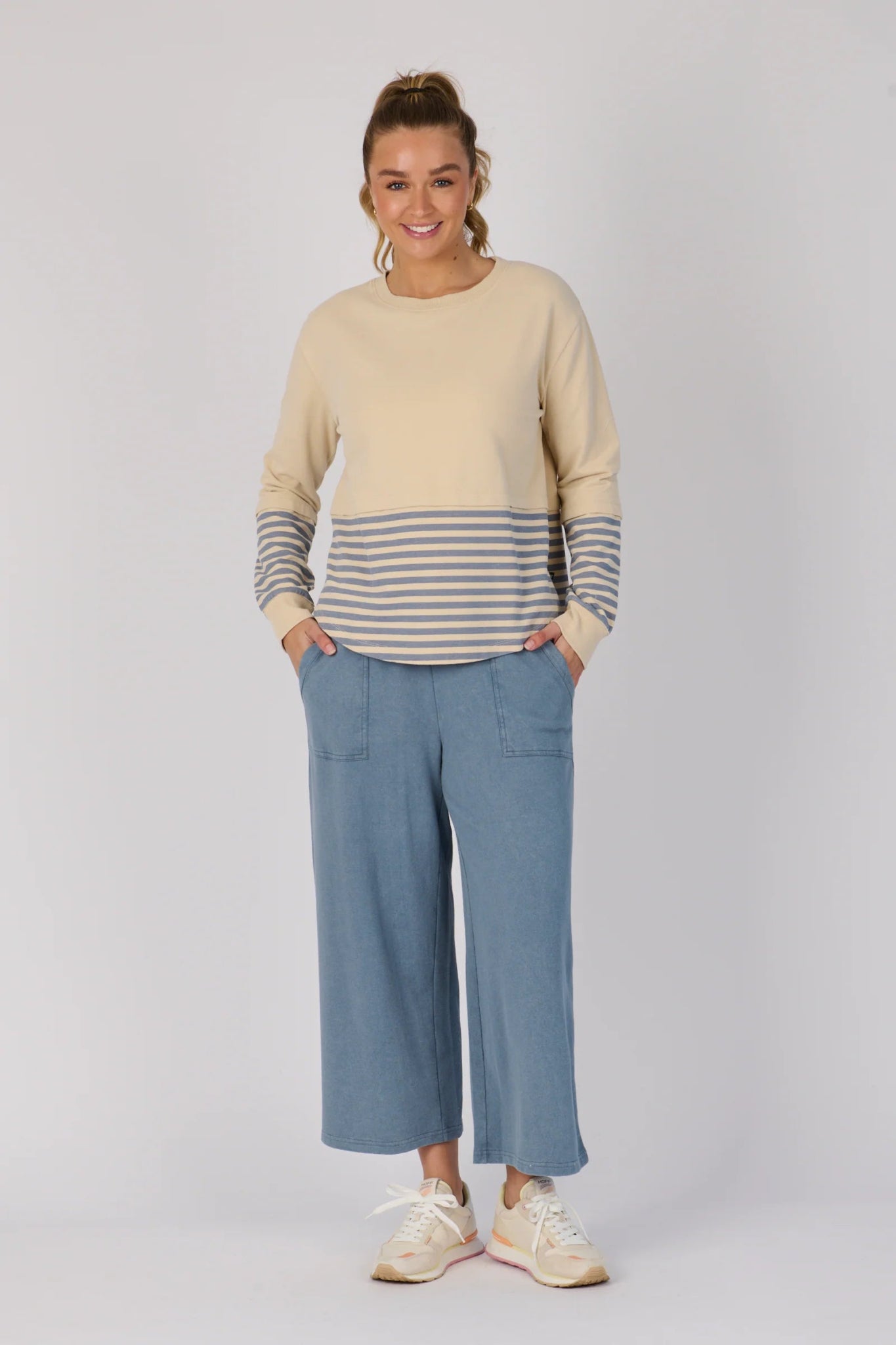 Scoop Hem Long Sleeve Top (Stone Blue Stripe) - Something For Me​​