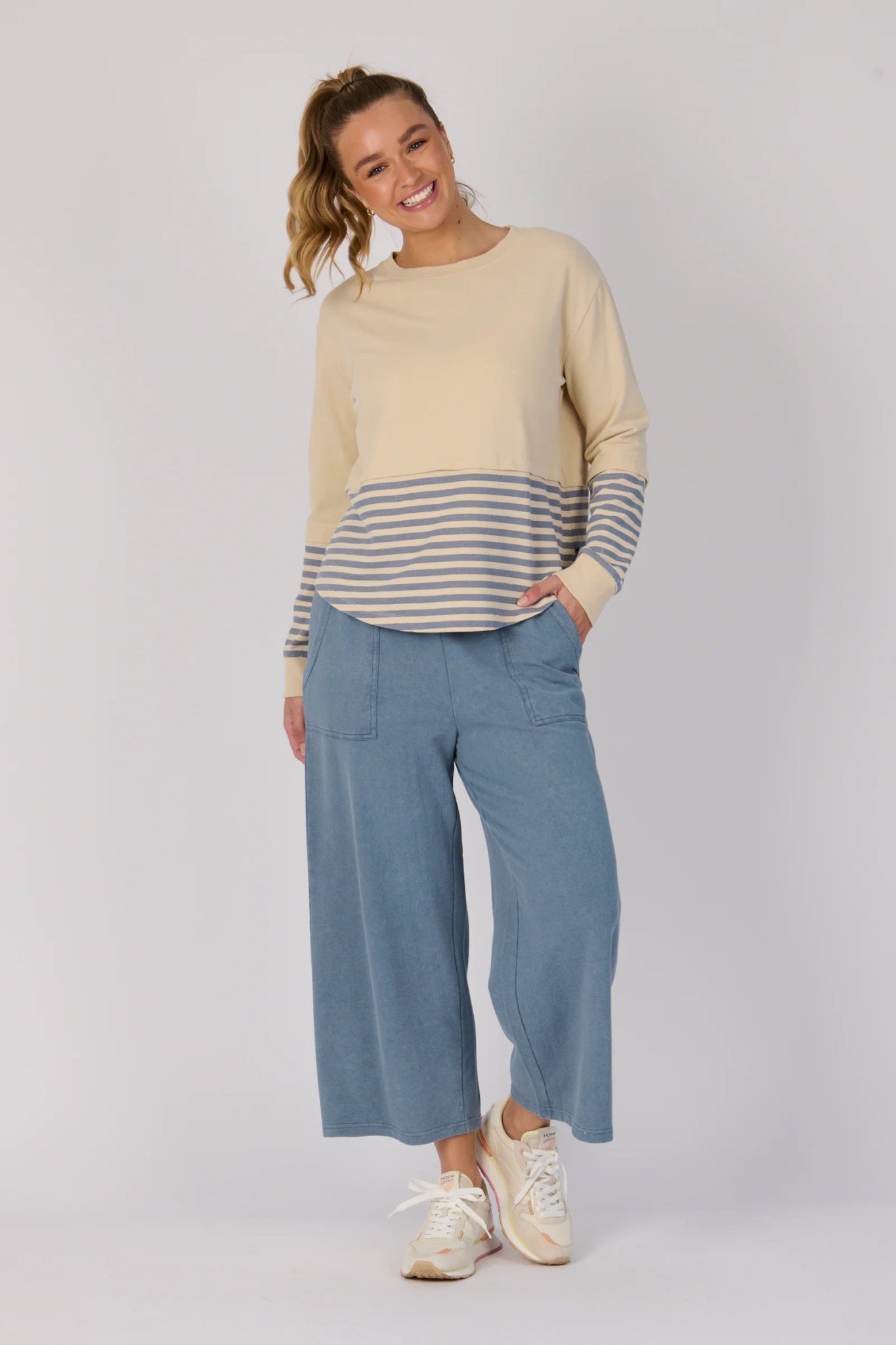 Scoop Hem Long Sleeve Top (Stone Blue Stripe) - Something For Me​​
