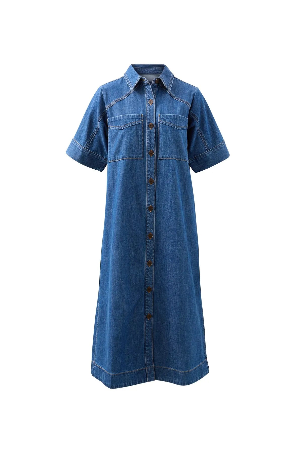 Short Sleeve Yoke Detail Midi Dress (Fresh Indigo) - Something For Me​​