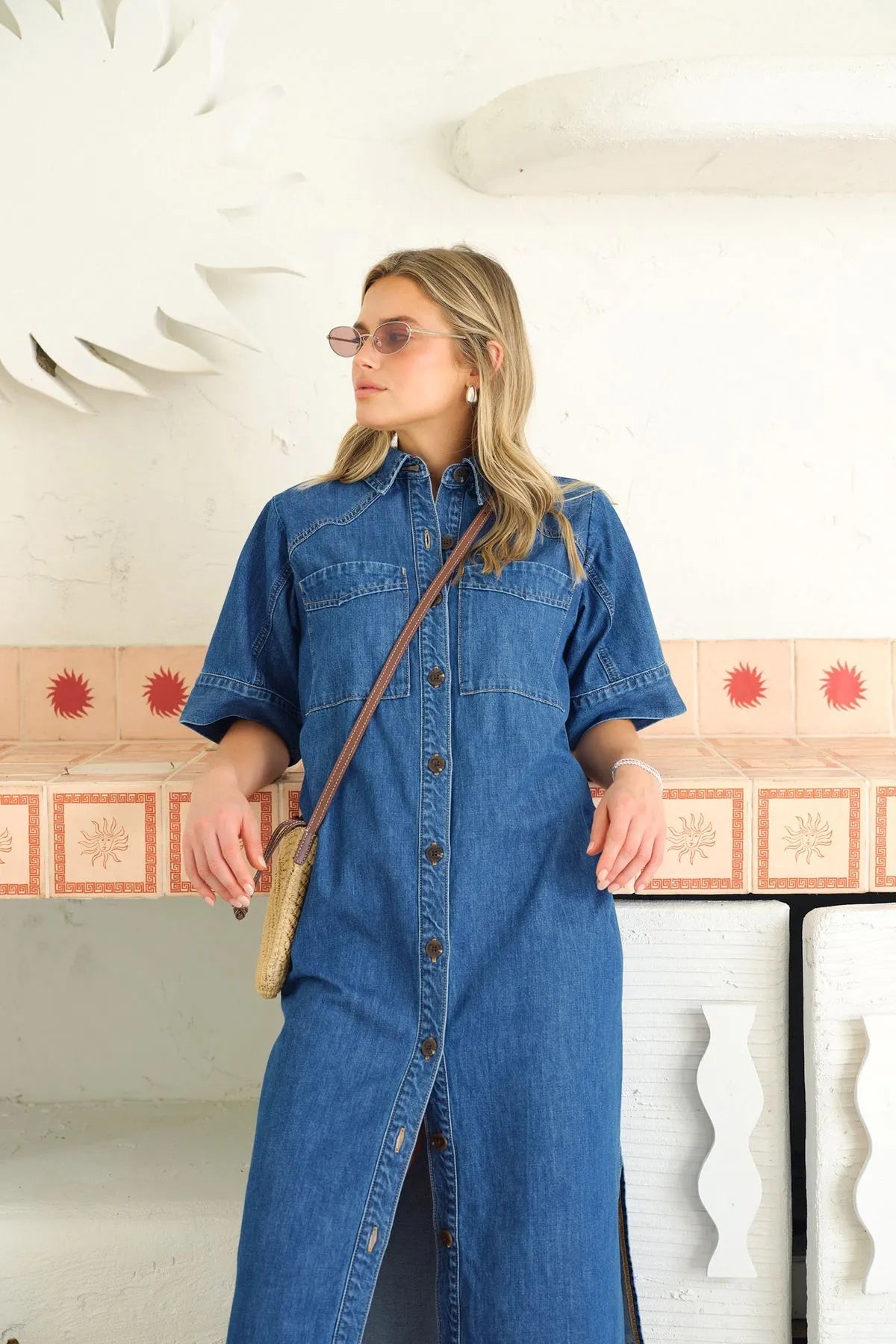 Short Sleeve Yoke Detail Midi Dress (Fresh Indigo) - Something For Me​​