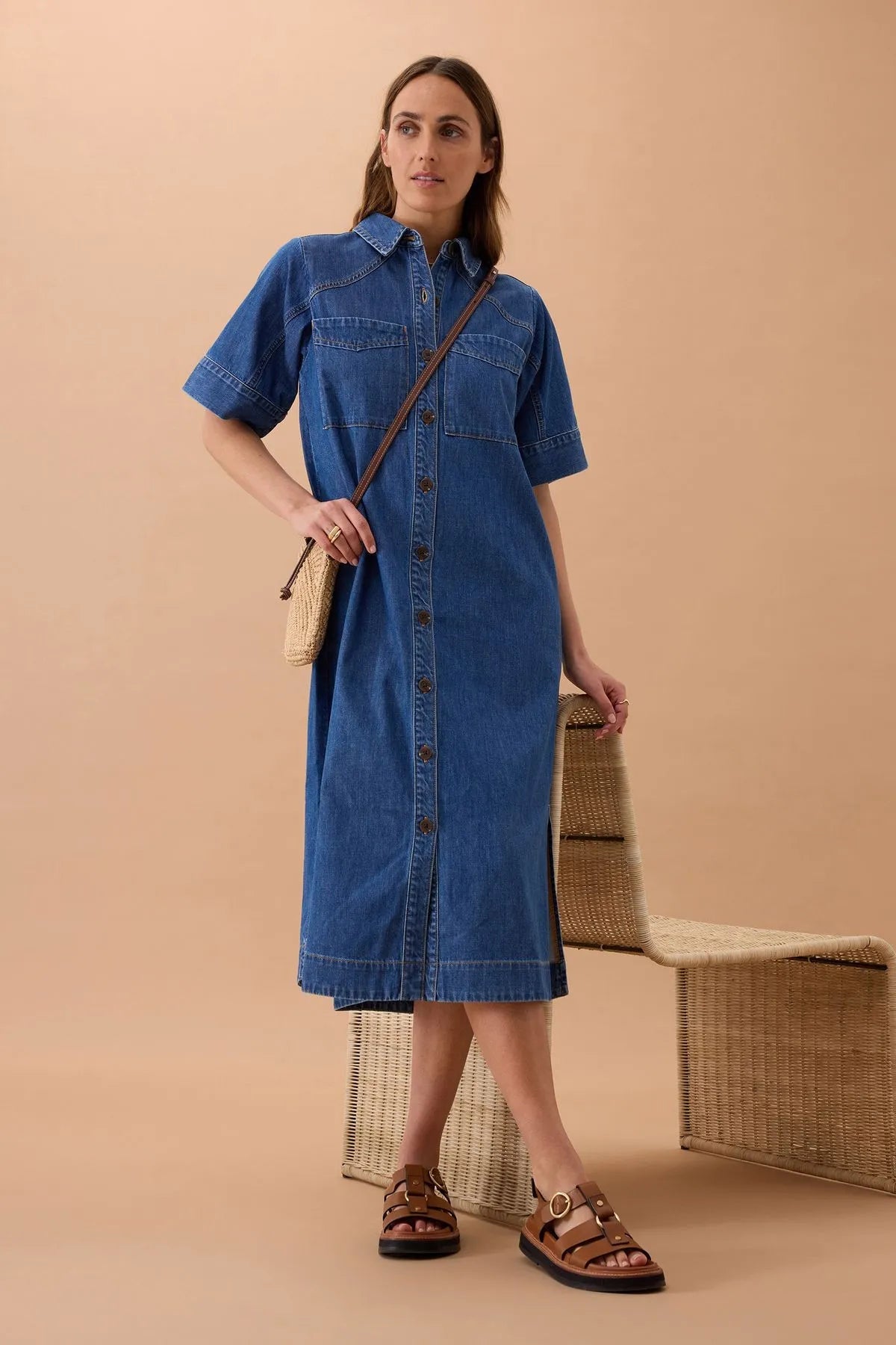 Short Sleeve Yoke Detail Midi Dress (Fresh Indigo) - Something For Me​​