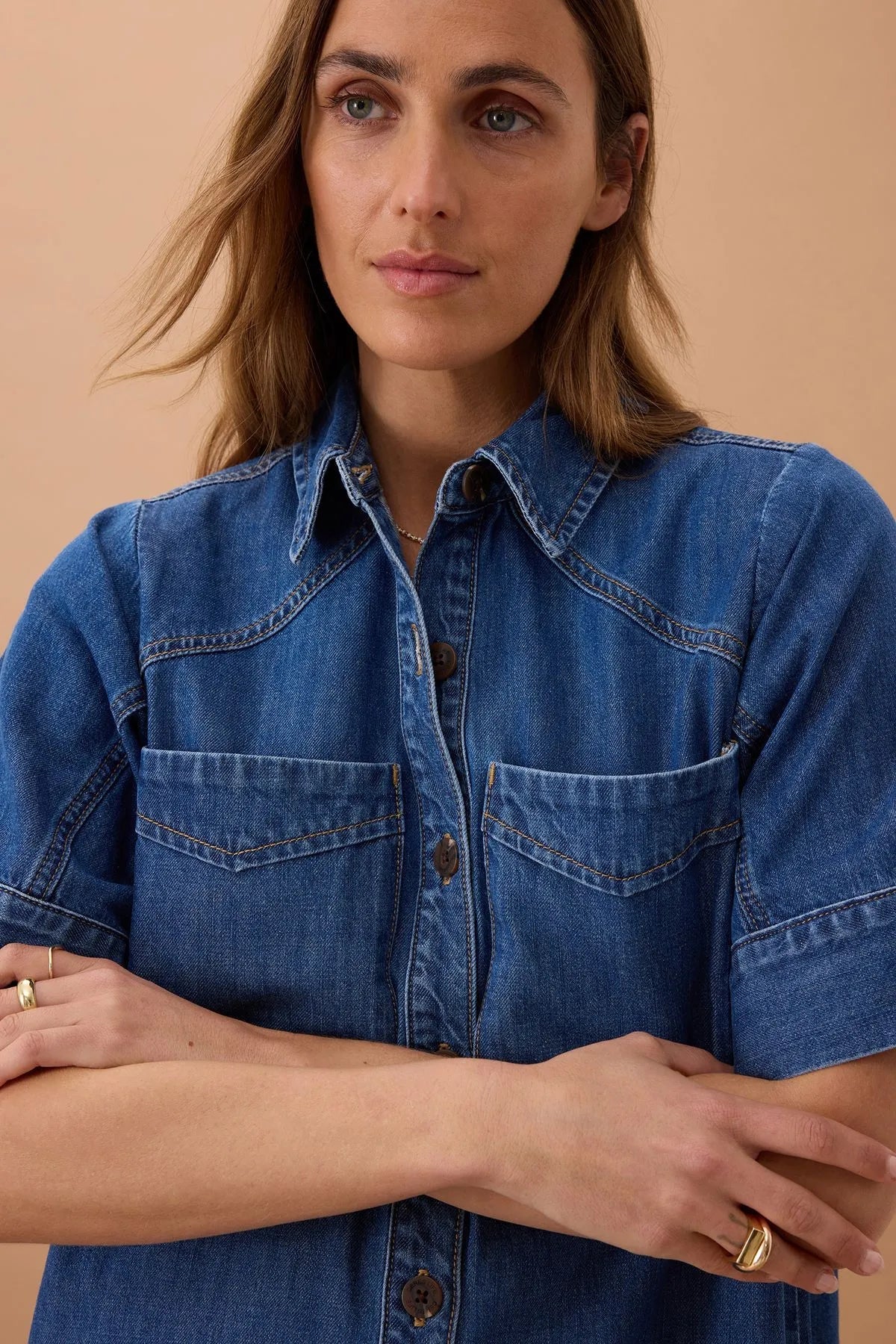 Short Sleeve Yoke Detail Midi Dress (Fresh Indigo) - Something For Me​​