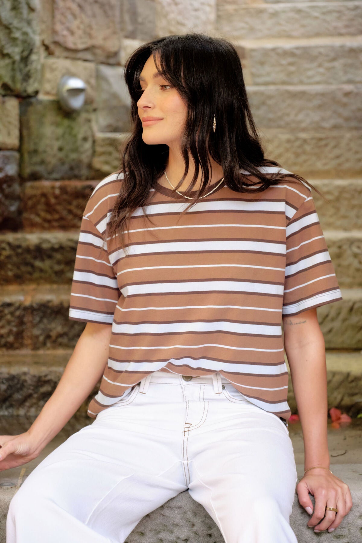 Stevie Slouchy Tee (Chalk/Choc Retro Stripe) - Something For Me​​
