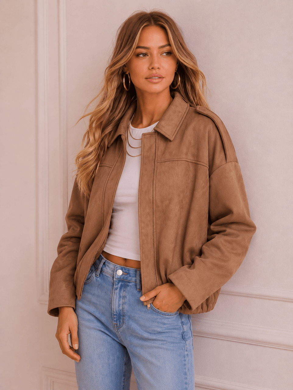Suede Bomber Jacket (Soft Tan) - Something For Me​​