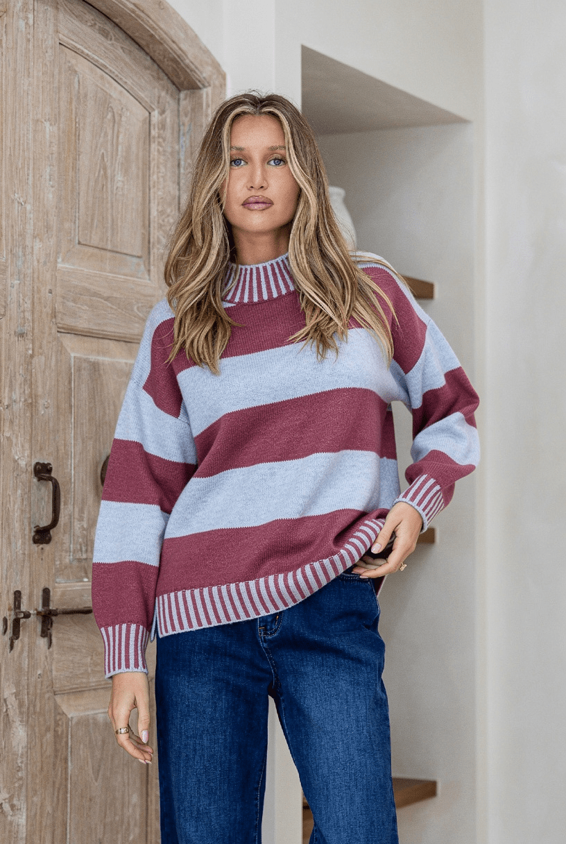 Tilly Blanket Stitch Knit (Wine/Blue) - Something For Me​​