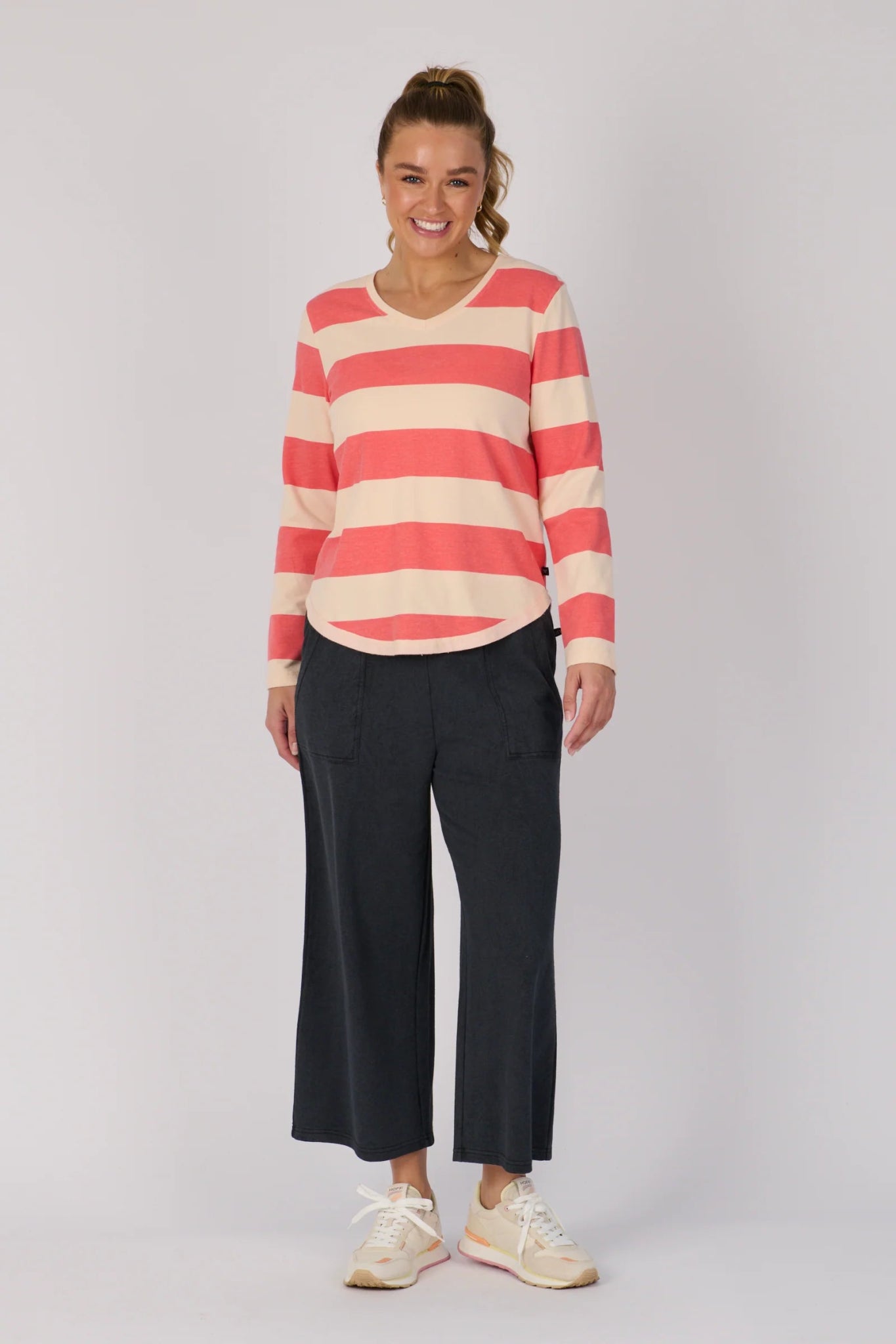 V Neck Long Sleeve Top (Champagne Wide Stripe) - Something For Me​​