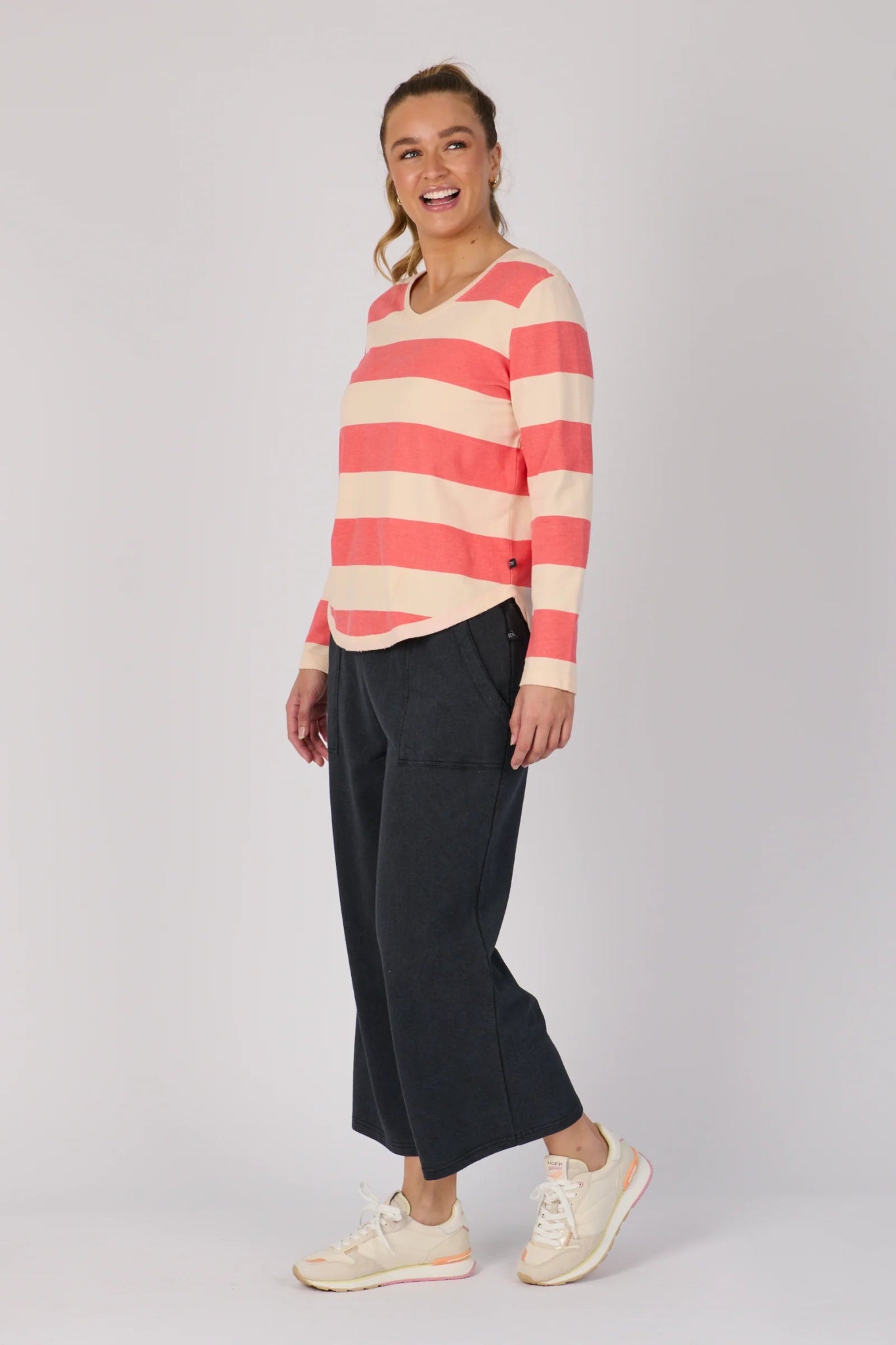 V Neck Long Sleeve Top (Champagne Wide Stripe) - Something For Me​​