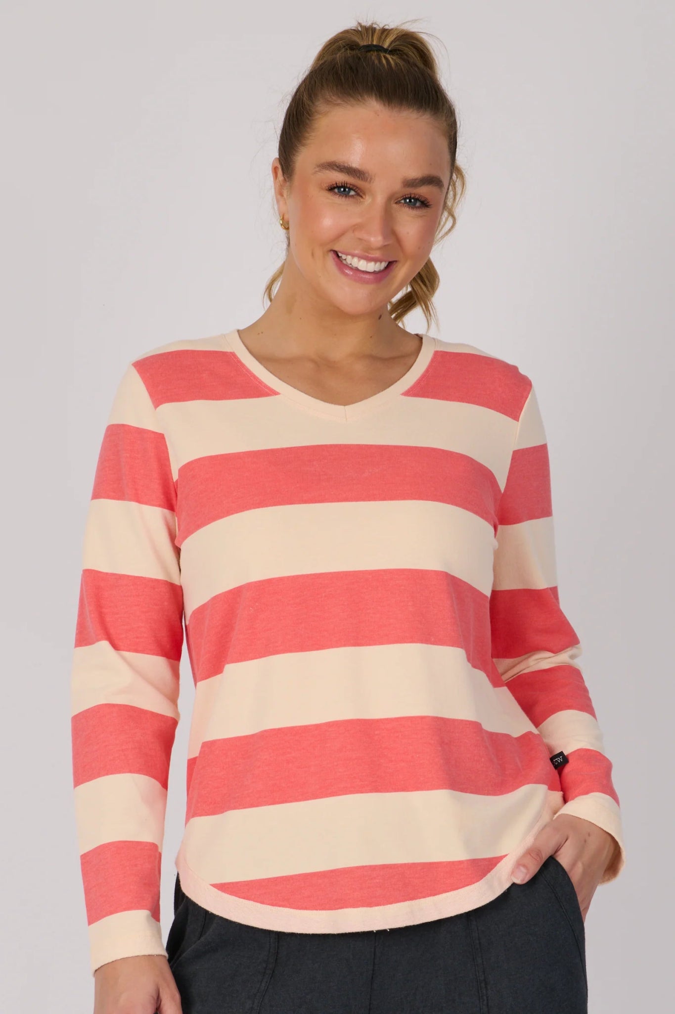 V Neck Long Sleeve Top (Champagne Wide Stripe) - Something For Me​​