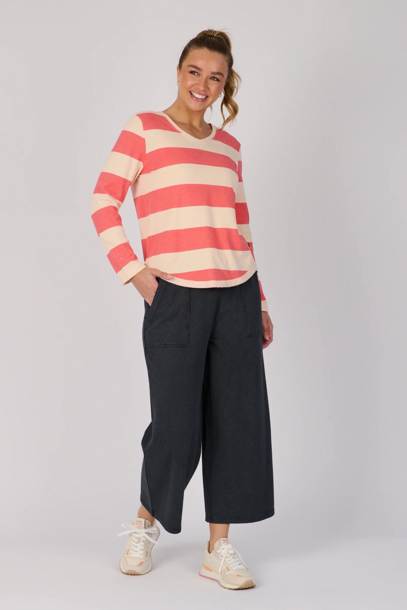 V Neck Long Sleeve Top (Champagne Wide Stripe) - Something For Me​​
