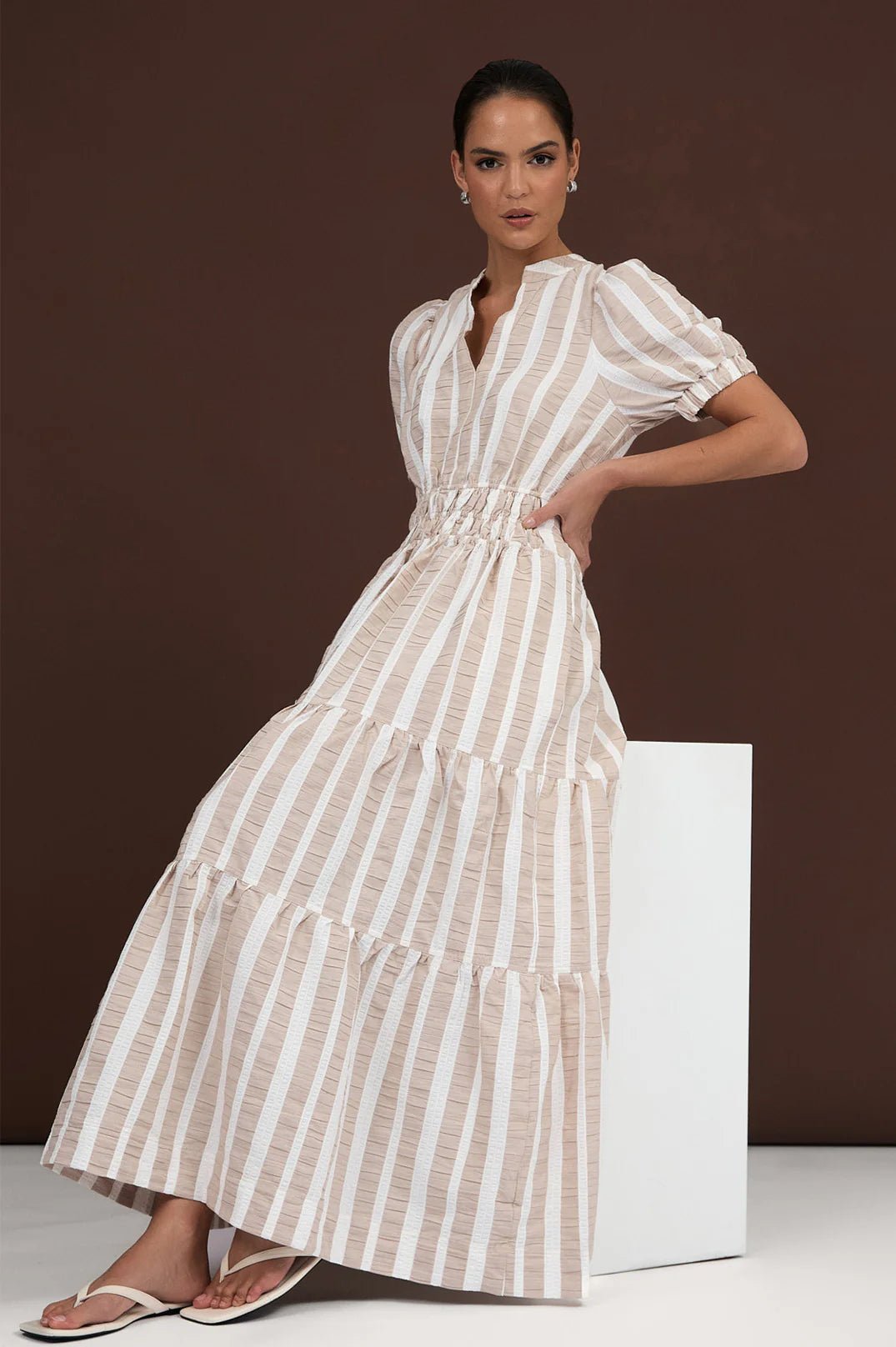 Violette Cotton Stripe Dress (Camel Stripe) - Something For Me​​