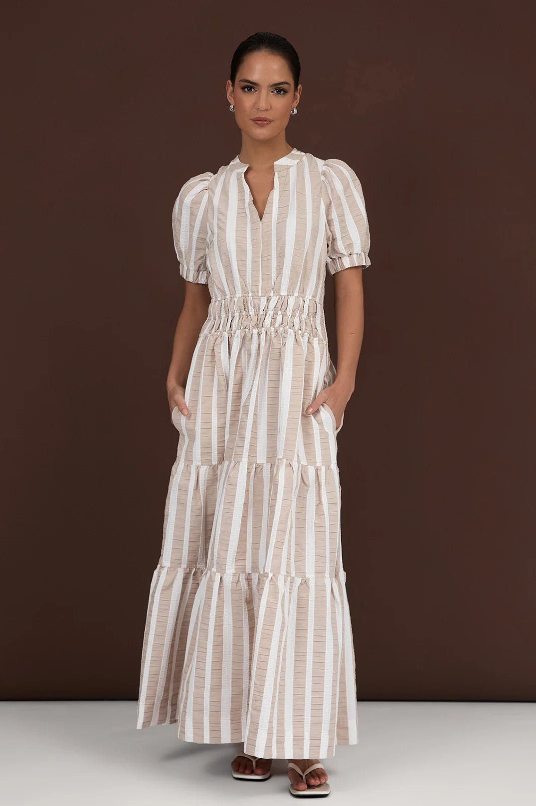Violette Cotton Stripe Dress (Camel Stripe) - Something For Me​​