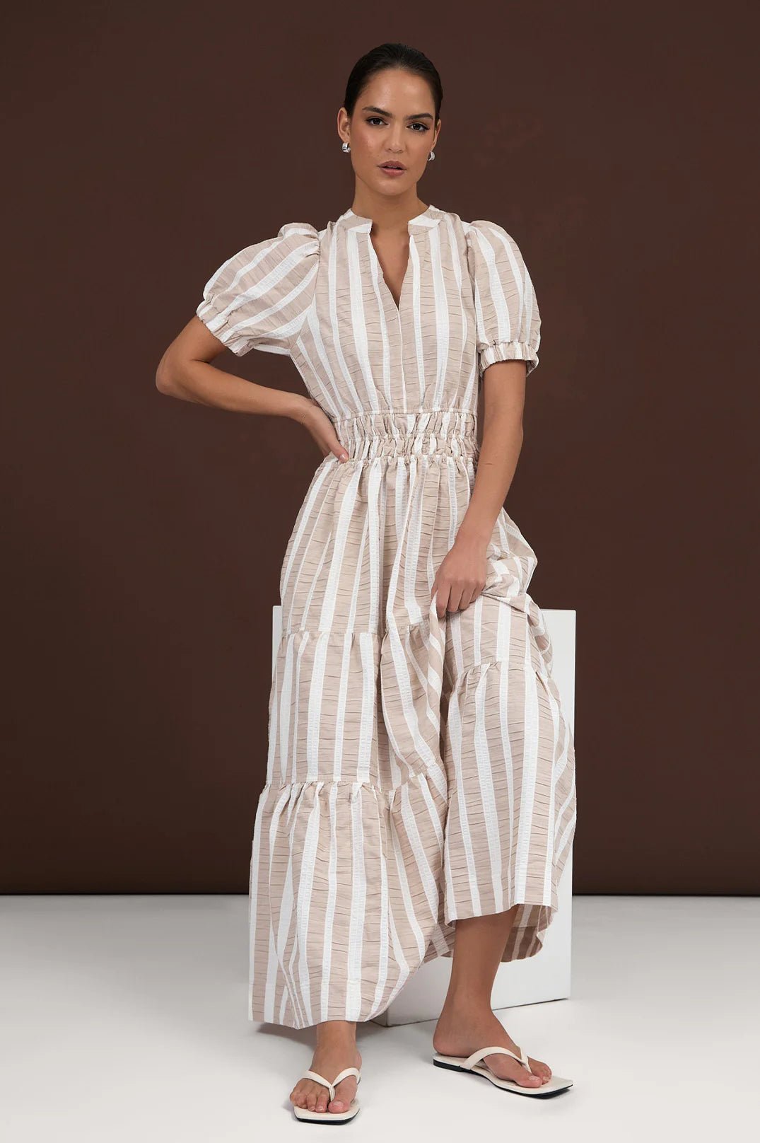 Violette Cotton Stripe Dress (Camel Stripe) - Something For Me​​