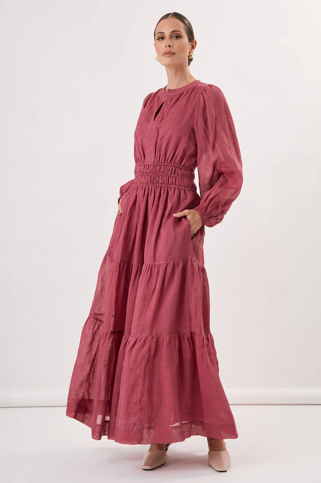 Violette Long Sleeve Ramie Maxi Dress (Berry) - Something For Me​​