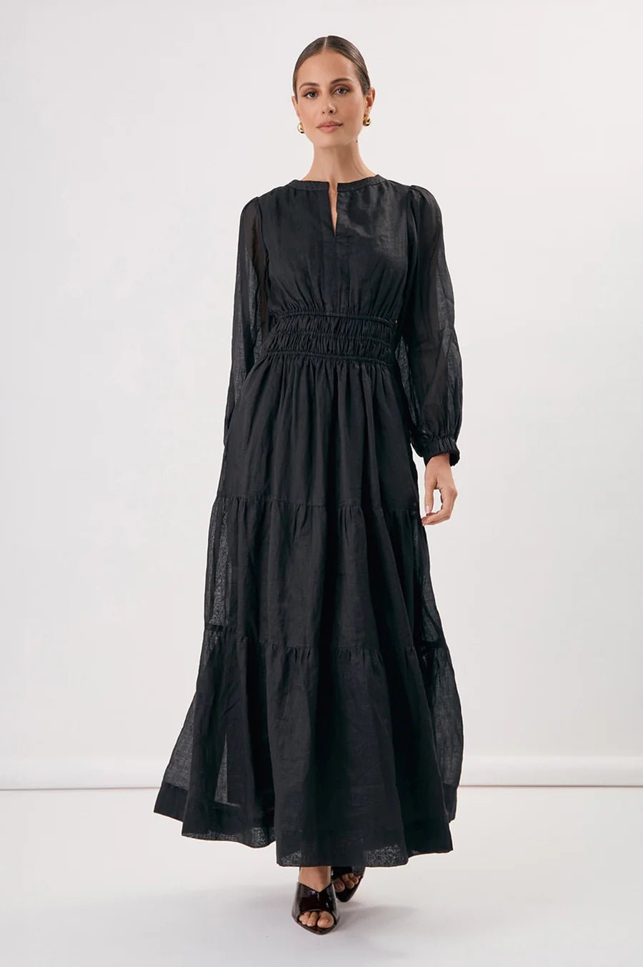 Violette Long Sleeve Ramie Maxi Dress (Black) - Something For Me​​
