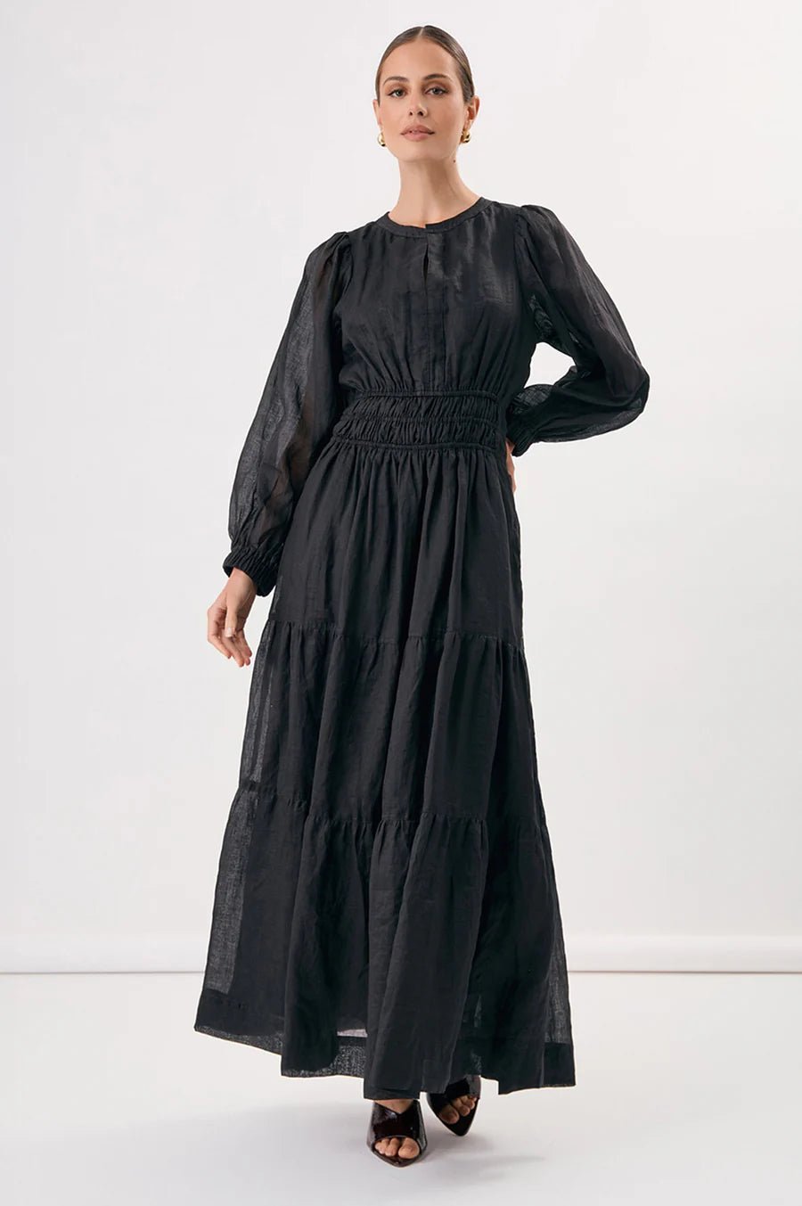 Violette Long Sleeve Ramie Maxi Dress (Black) - Something For Me​​