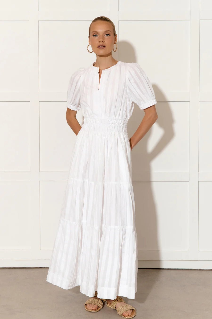 Violette Self Stripe Dress (White)  - Something For Me​​