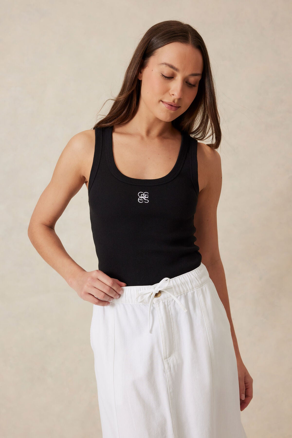 Zoe Contour Rib Scoop Tank (Black/White Monogram Embroidery) - Something For Me​​