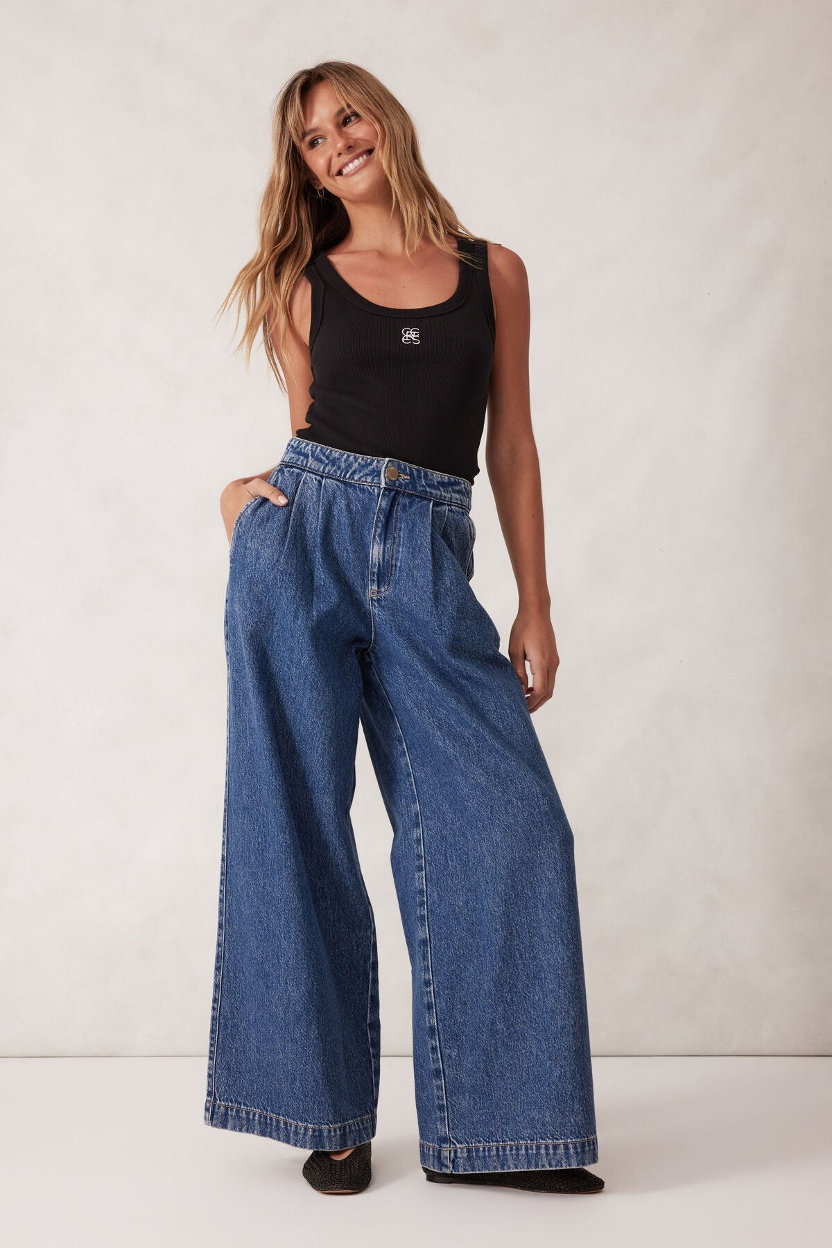 Zoe Contour Rib Scoop Tank (Black/White Monogram Embroidery) - Something For Me​​