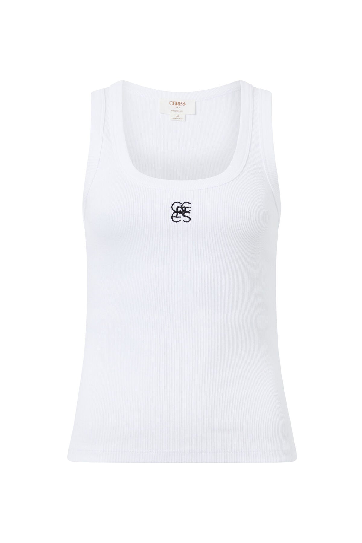 Zoe Contour Rib Scoop Tank (White/Black Monogram Embroidery) - Something For Me​​