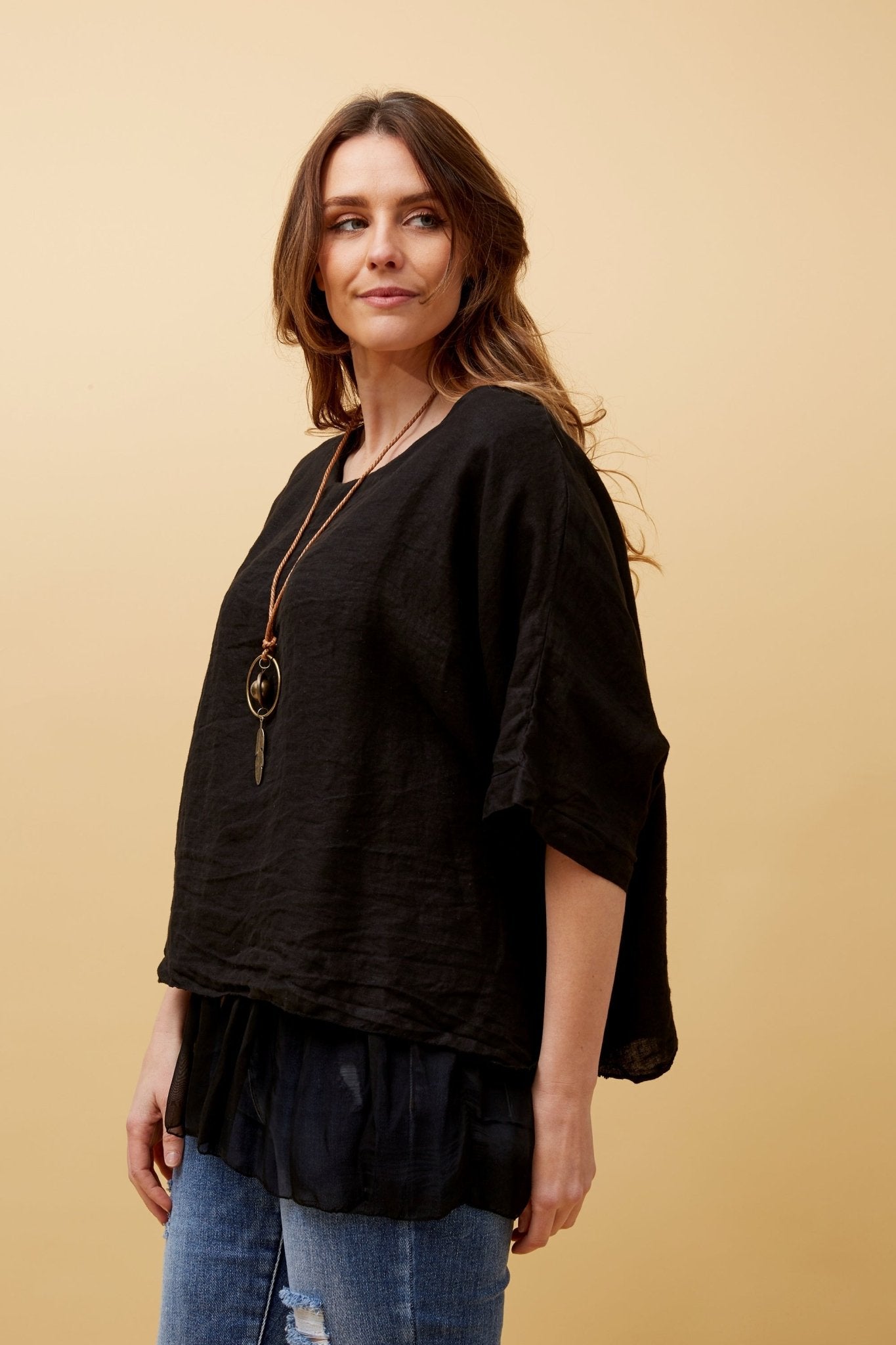 Giana Oversized Double Layered Linen Top (Black) - Something For Me​​