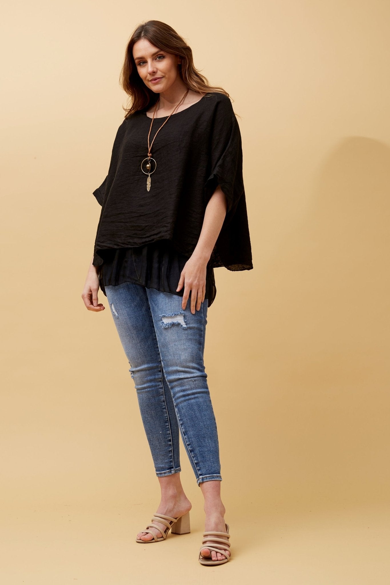 Giana Oversized Double Layered Linen Top (Black) - Something For Me​​