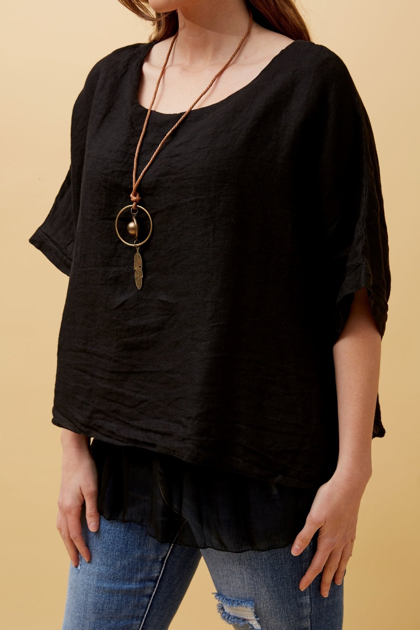 Giana Oversized Double Layered Linen Top (Black) - Something For Me​​