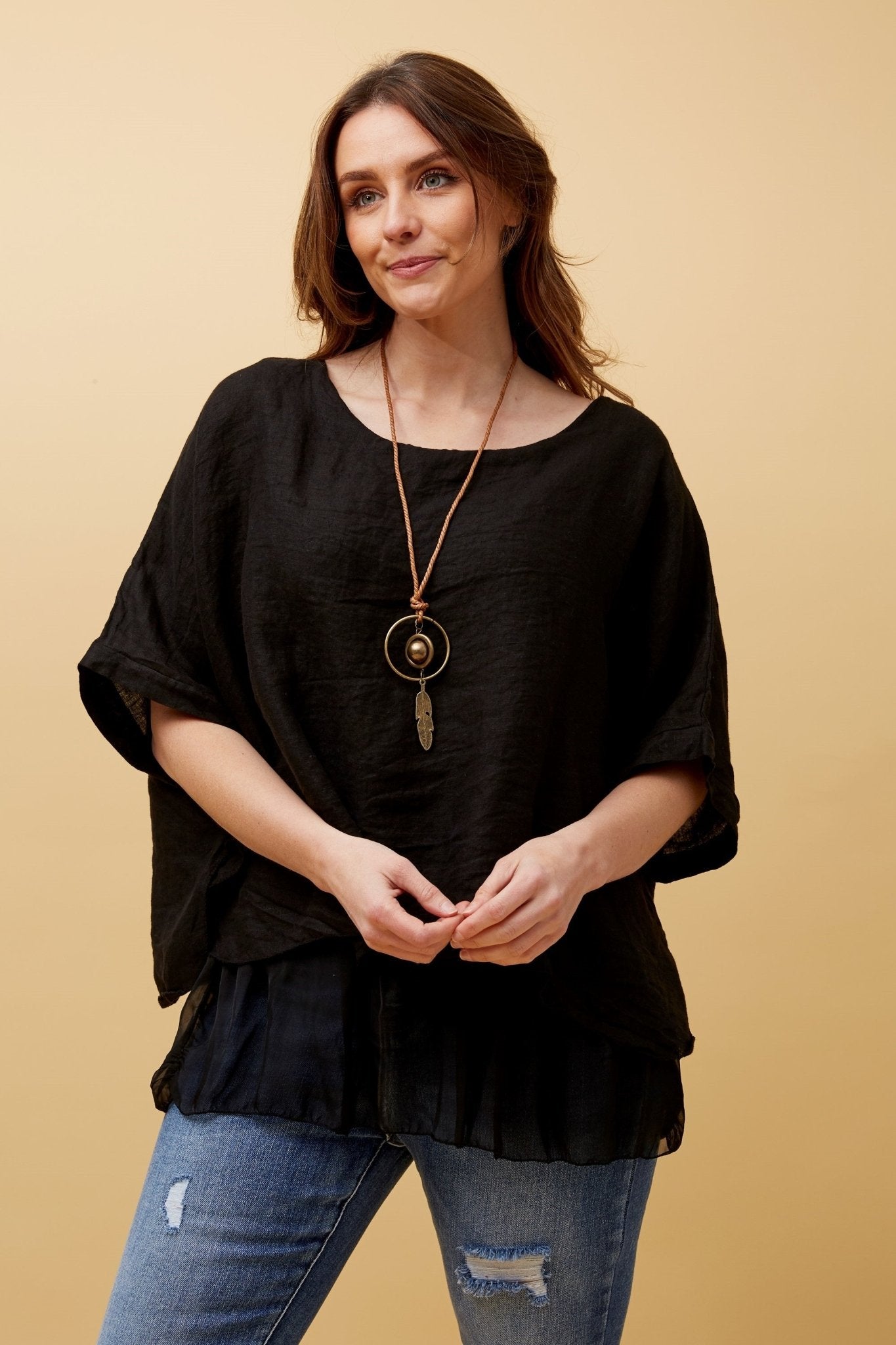 Giana Oversized Double Layered Linen Top (Black) - Something For Me​​