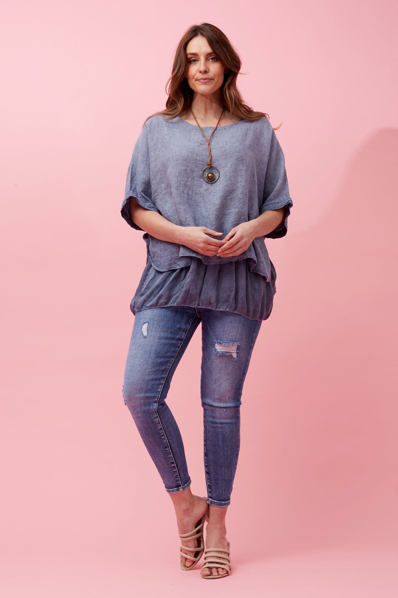 Giana Oversized Double Layered Linen Top (Blue) - Something For Me​​