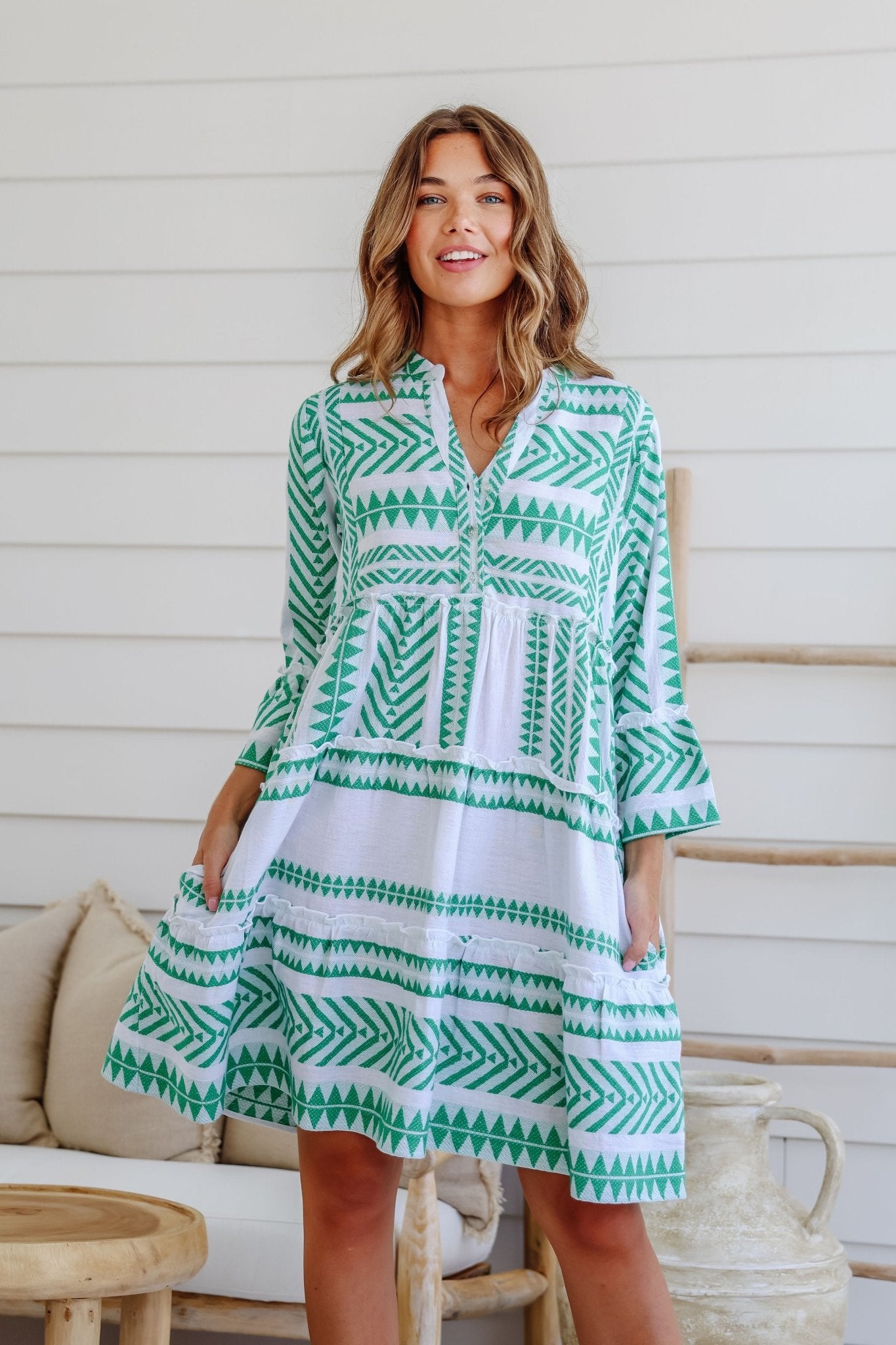 Mediterranean Boho Dress (Green/White) - Something For Me​​