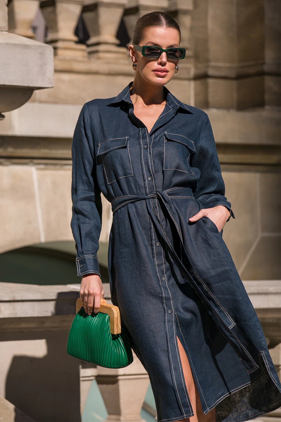 Petrina Contrast Stitch Linen Dress (Denim) - Something For Me​​