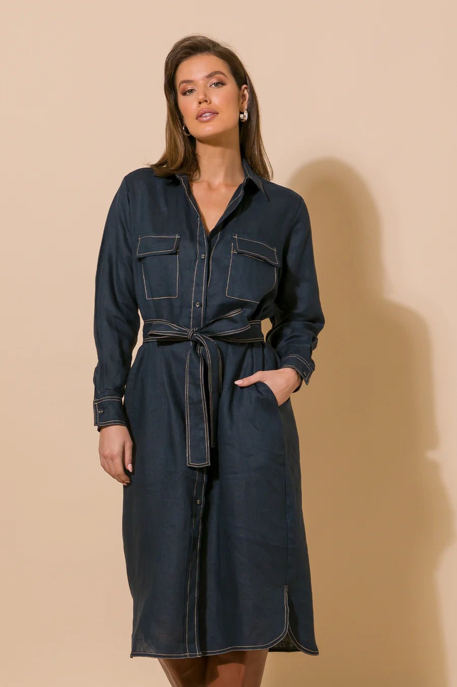 Petrina Contrast Stitch Linen Dress (Denim) - Something For Me​​