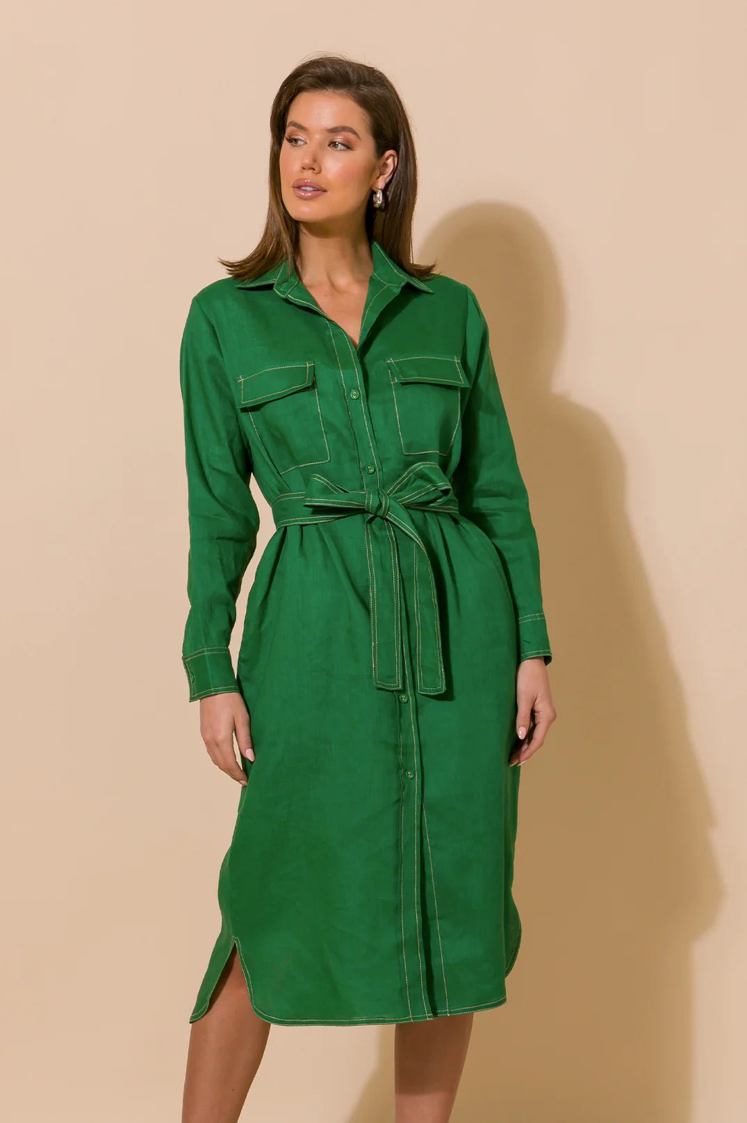 Petrina Contrast Stitch Linen Dress (Green) - Something For Me​​