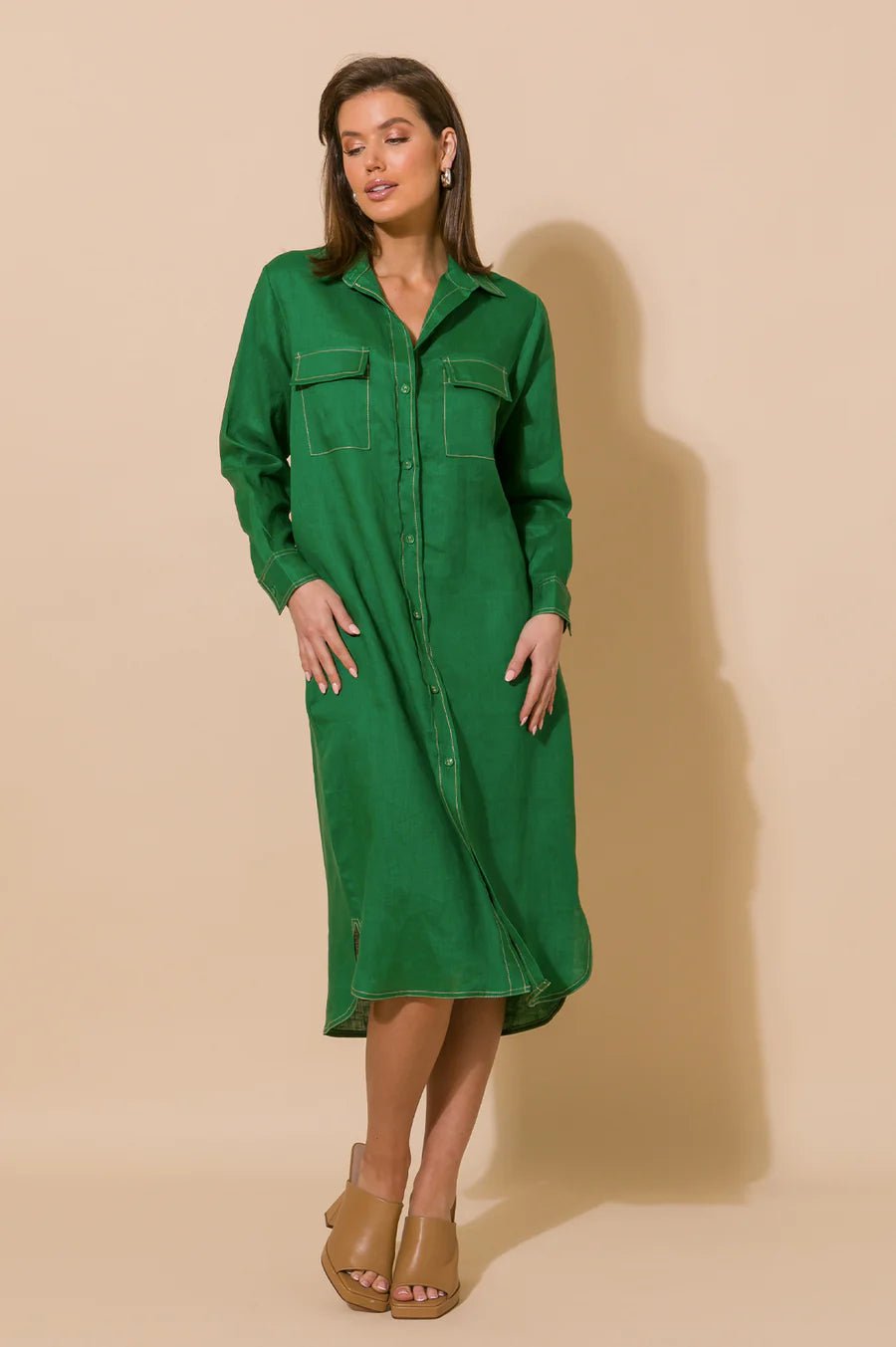 Petrina Contrast Stitch Linen Dress (Green) - Something For Me​​