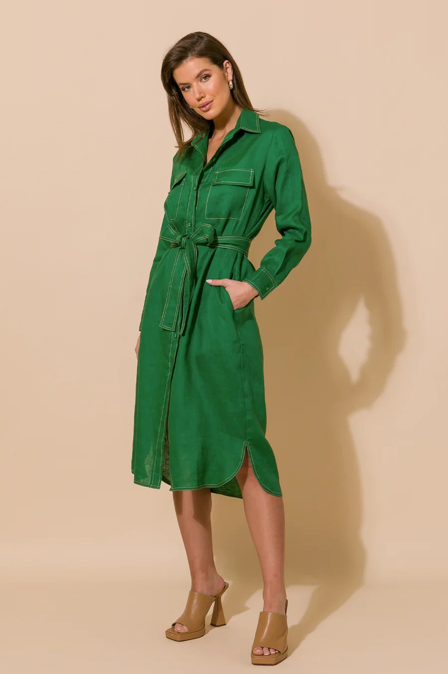 Petrina Contrast Stitch Linen Dress (Green) - Something For Me​​