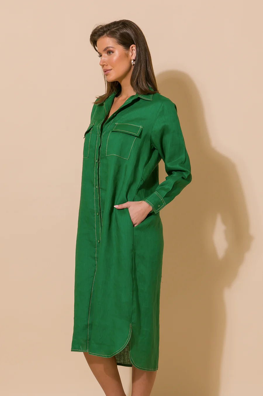 Petrina Contrast Stitch Linen Dress (Green) - Something For Me​​
