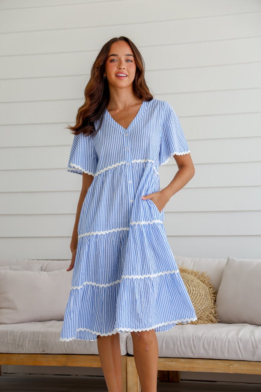 Rosalie Dress w/ Ricrac Lace (Blue Stripe) - Something For Me​​