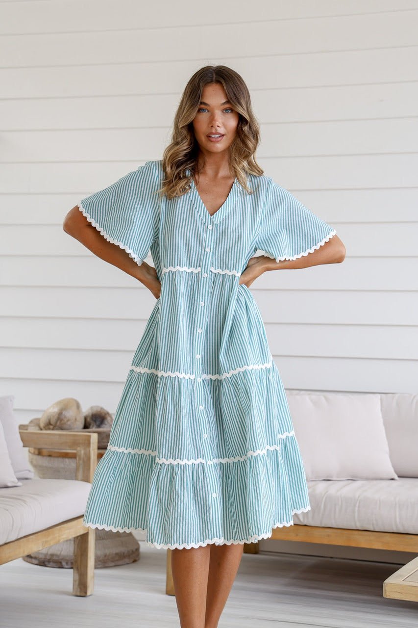 Rosalie Dress w/ Ricrac Lace (Green Stripe) - Something For Me​​