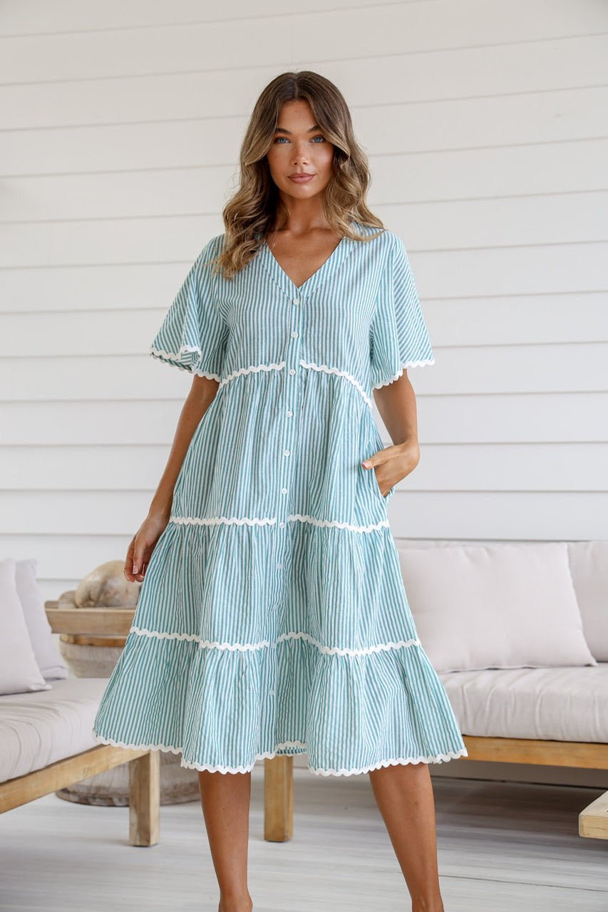 Rosalie Dress w/ Ricrac Lace (Green Stripe) - Something For Me​​