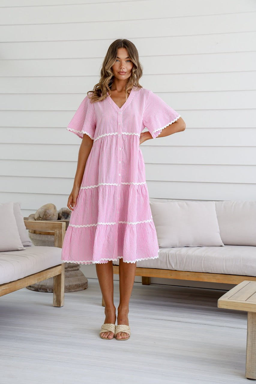 Rosalie Dress w/ Ricrac Lace (Pink Stripe) - Something For Me​​