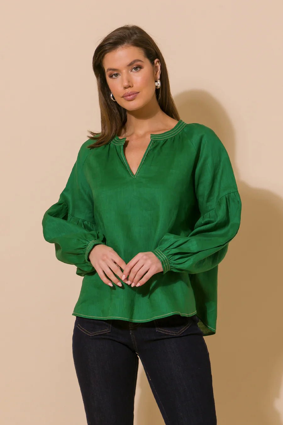 Tristan Contrast Stitch Linen Top (Green) - Something For Me​​