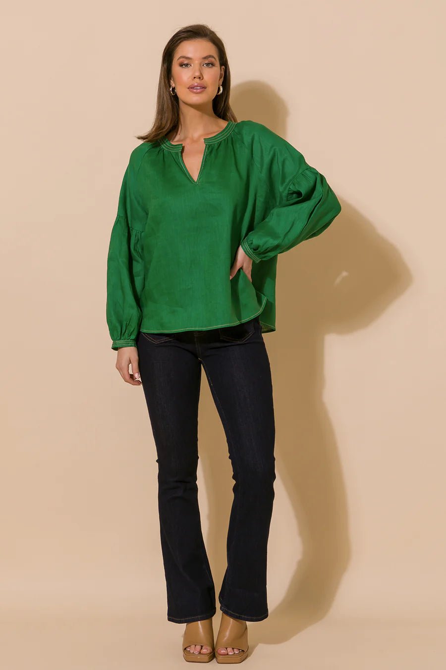Tristan Contrast Stitch Linen Top (Green) - Something For Me​​